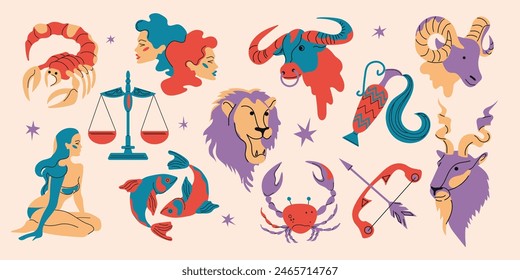 Astrological signs of the zodiac on a white background.Aries, Taurus, Leo, Gemini, Virgo, Scorpio, Libra, Aquarius, Sagittarius, Pisces, Capricorn, Cancer. Zodiac constellations. Vector illustration.