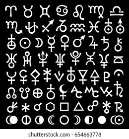 Astrological Signs of Zodiac, Planets, Asteroids, Aspects, Lunar phases, etc. 
(The big Black Set of Main Astrological Symbols).