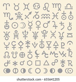 Astrological Signs of Zodiac, Planets, Asteroids, Aspects, Lunar phases, etc. 
(The Selenium Set of Main Astrological Symbols).