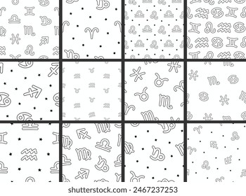 Astrological signs of the zodiac. Seamless pattern. Coloring Page. Vector drawing. Collection of design ornaments.