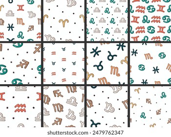 Astrological signs of the zodiac. Seamless pattern. Aries, Taurus, Gemini, Cancer, Virgo, Libra, Scorpio, Sagittarius, Aquarius, Pisces, Leo, Capricorn. Vector drawing. Collection of design ornaments.