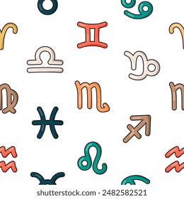 Astrological signs of the zodiac. Seamless pattern. Aries, Taurus, Gemini, Cancer, Virgo, Libra, Scorpio, Sagittarius, Aquarius, Pisces, Leo, Capricorn. Vector drawing. Design ornaments.