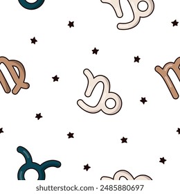 Astrological signs of the zodiac. Seamless pattern. Aries, Taurus, Gemini, Cancer, Virgo, Libra, Scorpio, Sagittarius, Aquarius, Pisces, Leo, Capricorn. Vector drawing. Design ornaments.