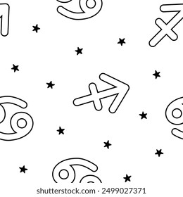 Astrological signs of the zodiac. Seamless pattern. Coloring Page. Vector drawing. Design ornaments.