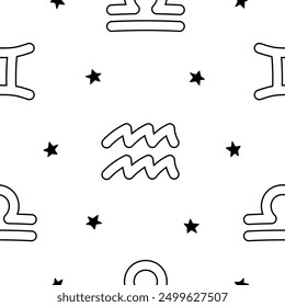 Astrological signs of the zodiac. Seamless pattern. Coloring Page. Vector drawing. Design ornaments.