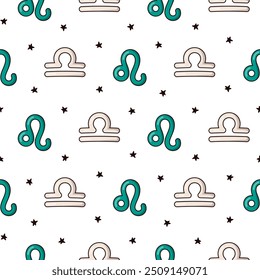 Astrological signs of the zodiac. Seamless pattern. Aries, Taurus, Gemini, Cancer, Virgo, Libra, Scorpio, Sagittarius, Aquarius, Pisces, Leo, Capricorn. Vector drawing. Design ornaments.