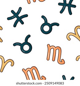 Astrological signs of the zodiac. Seamless pattern. Aries, Taurus, Gemini, Cancer, Virgo, Libra, Scorpio, Sagittarius, Aquarius, Pisces, Leo, Capricorn. Vector drawing. Design ornaments.