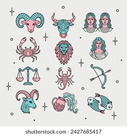 Signos astrológicos del zodíaco sobre fondo claro. Constelaciones del zodiaco. Aries, tauro, géminis, cáncer, leo, virgo, libra, escorpio, sagitario, capricornio, acuario, piscis. Vector 