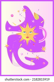 Astrological space psychedelic poster with sun, stars, constellations, abstract shapes and purple abstract background blot. Contemporary Art. Vector illustration