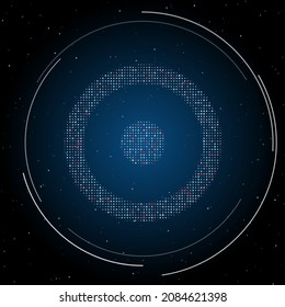 The astrological sun symbol filled with white dots. Pointillism style. Some dots is red. Vector illustration on blue background with stars