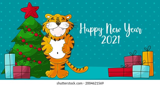 Astrological Symbol of 2022. Long New Year card in hand-draw style. Christmas tree, gifts, tiger