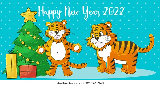 Astrological Symbol of 2022. Long New Year card in hand-draw style. Christmas tree