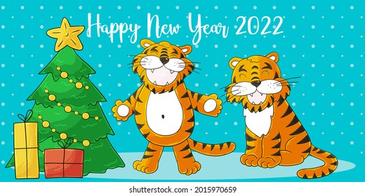 Astrological Symbol of 2022. Long New Year card in hand-draw style. Christmas tree, gifts. Two tigers