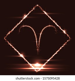 Astrological symbol of Aries. Abstract vector shiny western Zodiac Horoscope sign in glowing rhomb border frame on dark red background.