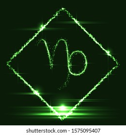 Astrological symbol of Capricorn. Abstract vector shiny western Zodiac Horoscope sign in glowing rhomb border frame on dark green background.