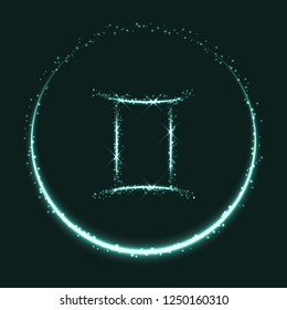 Astrological symbol of Gemini. Abstract vector shiny western Zodiac Horoscope sign and crescent moon on dark teal blue background.
