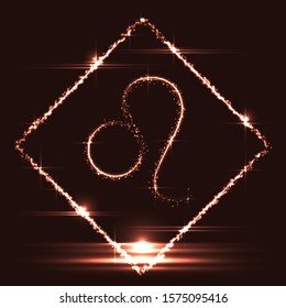 Astrological symbol of Leo. Abstract vector shiny western Zodiac Horoscope sign in glowing rhomb border frame on dark red background.