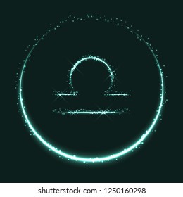 Astrological symbol of Libra. Abstract vector shiny western Zodiac Horoscope sign and crescent moon on dark teal blue background.