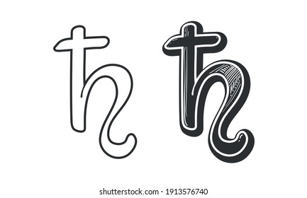 Astrological symbol planet Saturn, linear hand drawing isolated on white background, beautiful lettering. Symbol for astrology, zodiac signs, natal chart