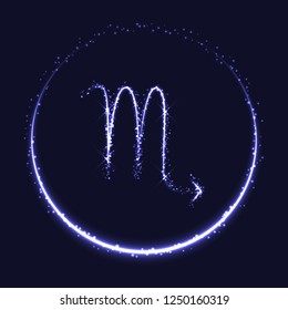 Astrological symbol of Scorpio. Abstract vector shiny western Zodiac Horoscope sign and crescent moon on dark blue background.
