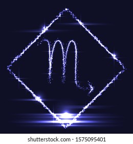 Astrological symbol of Scorpio. Abstract vector shiny western Zodiac Horoscope sign in glowing rhomb border frame on dark blue background.