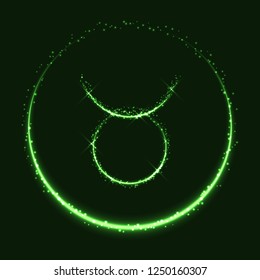 Astrological symbol of Taurus. Abstract vector shiny western Zodiac Horoscope sign and crescent moon on dark green background.