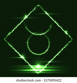 Astrological symbol of Taurus. Abstract vector shiny western Zodiac Horoscope sign in glowing rhomb border frame on dark green background.