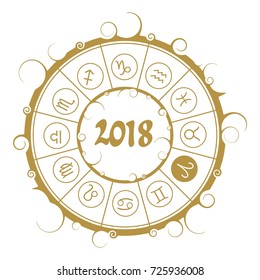 Astrological symbols in the circle. Aries sign. New Year and Christmas celebration card template. Zodiac circle with 2018 new year number.