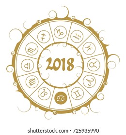 Astrological symbols in the circle. Cancer sign. New Year and Christmas celebration card template. Zodiac circle with 2018 new year number.