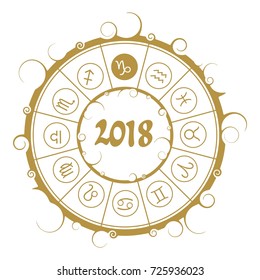 Astrological symbols in the circle. Capricorn sign. New Year and Christmas celebration card template. Zodiac circle with 2018 new year number.