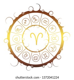Astrological symbols in the circle. Golden metallic gradient. Ram sign