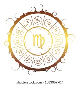 Astrological symbols in the circle. Golden metallic gradient. Maiden sign