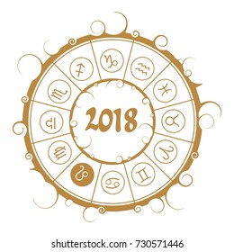 Astrological symbols in the circle. Leo sign. New Year and Christmas celebration card template. Zodiac circle with 2018 new year number.