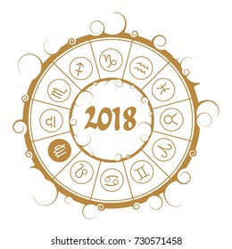 Astrological symbols in the circle. Maiden sign. New Year and Christmas celebration card template. Zodiac circle with 2018 new year number.