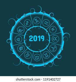 Astrological symbols in the circle. New Year and Christmas celebration card template. Zodiac circle with 2019 new year number.