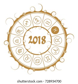 Astrological symbols in the circle. Pisces sign. New Year and Christmas celebration card template. Zodiac circle with 2018 new year number.