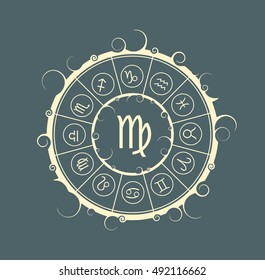 Astrological symbols in the circle. Vector illustration. Maiden sign