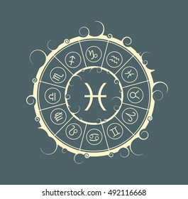 Astrological symbols in the circle. Vector illustration. Fish sign