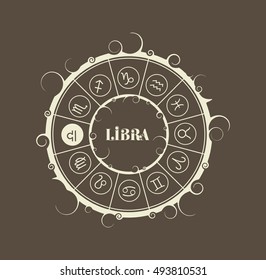 Astrological symbols in the circle. Vector illustration. Scales sign