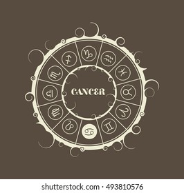 Astrological symbols in the circle. Vector illustration. Cancer sign