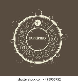 Astrological symbols in the circle. Vector illustration. Capricorn sign