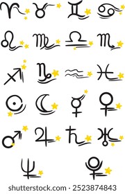 Astrological symbols hand draw line with star for decoration on sign of zodiac and horoscope concept.
