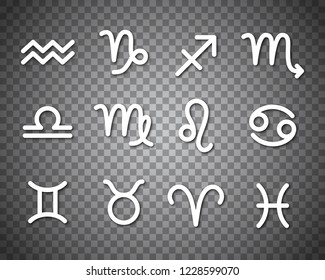 Astrological symbols isolated on transparent background. Star signs for individual astrology horoscope by date of birth. Zodiac calendar collection, mystic birthday constellation vector illustration.