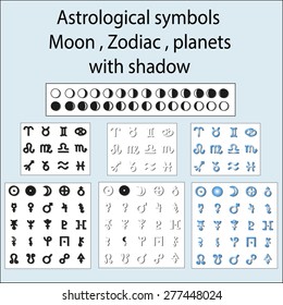 Astrological symbols of the moon, the planets, the zodiac, with shadow