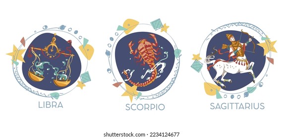 Astrological symbols on white background - Libra, Scorpio, Sagittarius