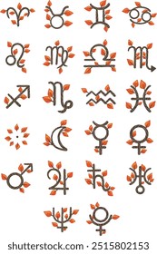 Astrological symbols with orange color autumn leaves design for decoration on sign of zodiac and galaxy concept.