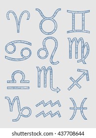 Astrological symbols. Pen stroke painting. Vector illustration