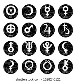 Astrological symbols of the planets for the horoscope and natal chart. Signs Sun, Moon, Mercury, Venus, Earth, Mars, Jupiter, Saturn, Uranus, Neptune, Pluto, Lilith, Ceres, Rahu, Ketu, Chiron. 