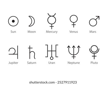 Astrological symbols of the planets - Sun, Moon, Mars, Venus, Mercury, Uranus, Saturn, Jupiter, Pluto, Neptune. Vector illustration isolated on white background