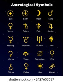 Astrological symbols. Set of astrological symbols of celestial bodies. Vector illustration